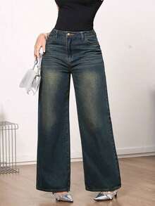 Jeans de pierna ancha de talle medio vintage para mujer - Uso casual elegante sin estiramiento - Azul marino - Ver 5