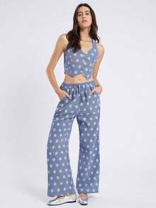 Conjunto de top de tirantes y pantalones casuales relajados con estampado de margaritas bordadas en cuadros azules y blancos para mujer en otoño/invierno - Azul y blanco - Ver 6