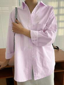 Camisa de manga larga con bolsillo y hombros caídos a rayas verticales, ropa de otoño - Rosa Pálido - Ver 5