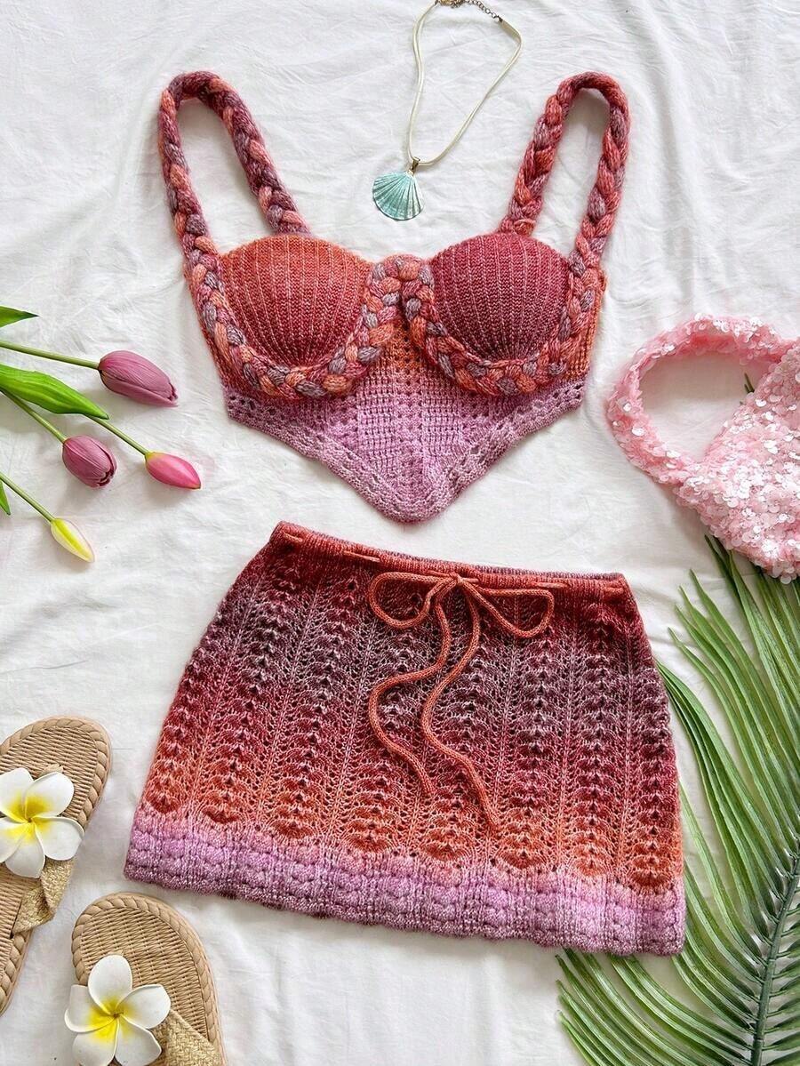 2 piezas Conjunto de top sin espalda de crochet y falda de cintura baja sexy para vacaciones, adecuado para festival de música, estilo bohemio, vacaciones, citas, té de la tarde - Multicolor 2 - Ver 1