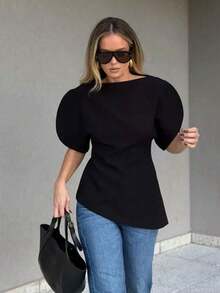 Blusa corta de primavera 2026 con mangas abullonadas asimétricas, cuello redondo y diseño con cremallera en la espalda, estilo callejero de verano - Negro - Ver 1