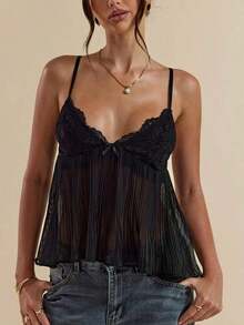 Camisola de Encaje y Chifón Negra con Cuello en V y Tirantes Ajustables para Mujer, Ideal para Vacaciones, Primavera/Verano - Negro - Ver 1