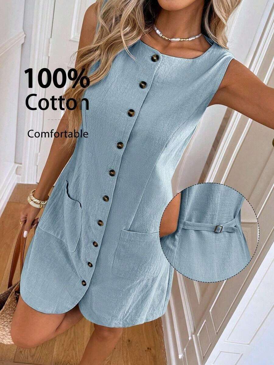 Vestido casual de botones con bolsillo, vestidos de verano para mujer, atuendos de vacaciones para mujer, atuendos de negocios casuales para mujer, vestidos elegantes para mujer, ropa de verano para mujer, ropa de trabajo para mujer, atuendos de of - Celeste - Ver 1