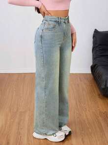 Unity Jeans de mezclilla casuales de unicolor para mujer - Azul lavado medio 2 - Ver 5
