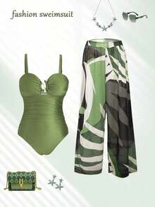 Traje de baño de una pieza con tirantes finos, cuello bajo y estampado de jacquard verde, talla grande talla, con pareo como conjunto de traje de baño de 2 piezas para vacaciones informales - Verde - Ver 1