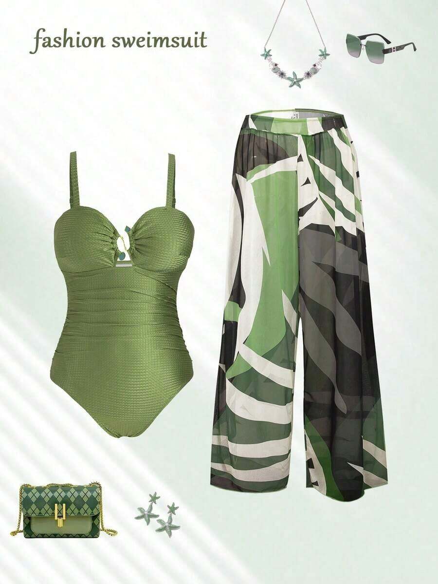 Traje de baño de una pieza con tirantes finos, cuello bajo y estampado de jacquard verde, talla grande talla, con pareo como conjunto de traje de baño de 2 piezas para vacaciones informales - Verde - Ver 1