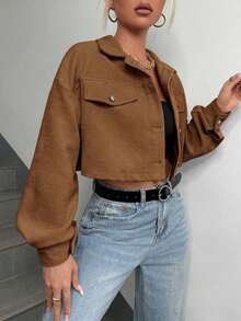 Chaqueta corta de pana con detalle de solapa en el hombro para otoño/invierno - Marrón - Ver 3
