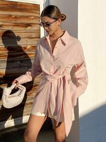 Blusa beige de manga larga con diseño de cintura ceñida, para uso casual y de oficina, estilo suelto y elegante para primavera y verano - Rosa - Ver 5