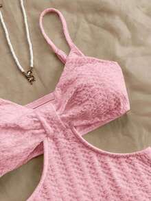 Camiseta de tirantes casual y sexy con recortes en la cintura, de tela con textura para vacaciones - Rosa - Ver 5