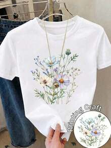 Camiseta de manga corta con cuello redondo y estampado floral para mujer, corte regular, de poliéster con ligera elasticidad, perfecta para conjuntos de primavera, ideal para uso diario. XPW9 - Blanco - Ver 1