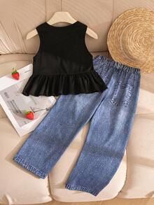 2pcs Girls Casual Outfit: Sleeveless Solid Color Top With 3D Bow Design And Elastic Waist Bow Tie Straight Leg Pants - Black - View 2