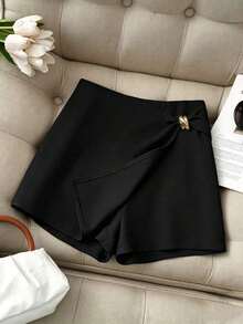 Pantalones cortos de mujer, Faldas de mujer, Pantalones cortos caqui de cintura alta asimétrica con hebilla metálica, estilo casual y versátil, Falda de mujer, Falda-pantalón con dobladillo dividido de doble capa, Vestido y pantalones de mujer co - Negro - Ver 5