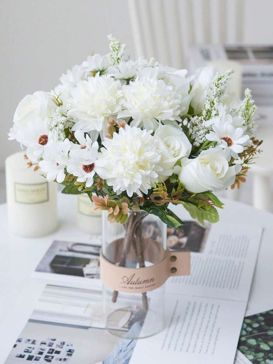 1/3 Piezas Flores Artificiales, Ramo de Rosas Falsas, Margaritas y Dientes de León de Seda, a Granel, para Bodas, Decoración del Hogar y Fiestas, Centros de Mesa, Día de San Valentín, Regalos, Decoración de Otoño, etc. - Blanco - Ver 1