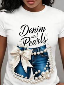 Camiseta de Mezclilla Talla Grande para Mujer con Perla y Lazo de Flecos - Top de Manga Corta Estilo Vaquero Occidental, Cuello Redondo Transpirable, Camisa Casual Lavable a Máquina para Looks Diarios o Eventos de Tema Occidental - Blanco - Ver 4