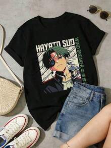 Fashion Printed T‑Shirts for Women, Oversized Streetwear Tops, Comfortable and Stylish All‑Match Summer TeesCamiseta de manga corta de cuello redondo suave y casual de verano para mujer, con estampado vintage de personaje de anime Hayato Sudo Wind Breaker con texto en kanji. - Negro - Ver 2