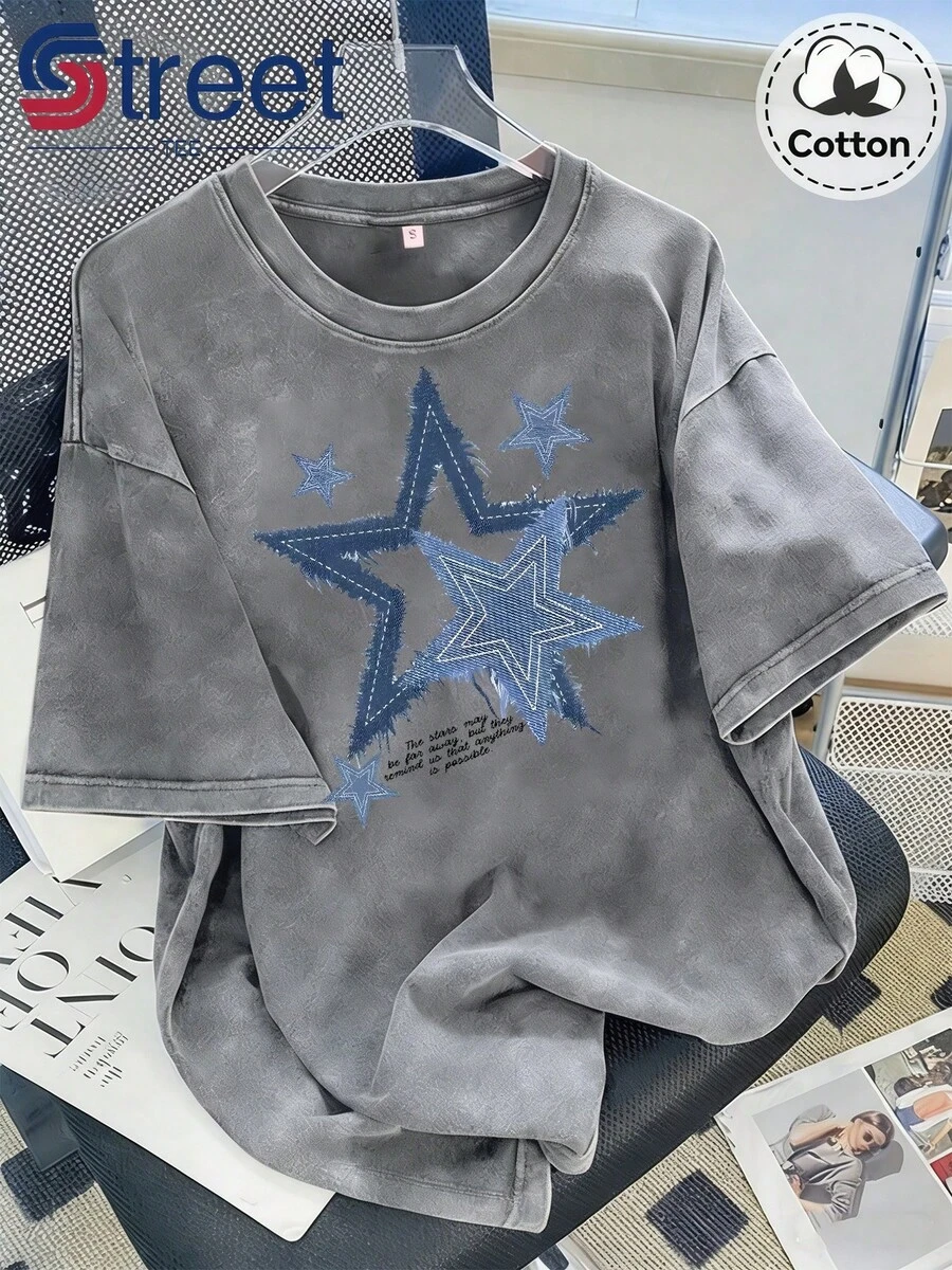 1 pieza de camiseta de manga corta de algodón lavado vintage de verano, estilo americano con bordes deshilachados y estampado de estrellas, top de talla grande para mujer, corte holgado, hombros caídos, cuello redondo, estilo oversize, cómoda y a la moda, versátil para el día a día, ropa y2k para mujer, 100% algodón de 180g. - Gris - Ver 1