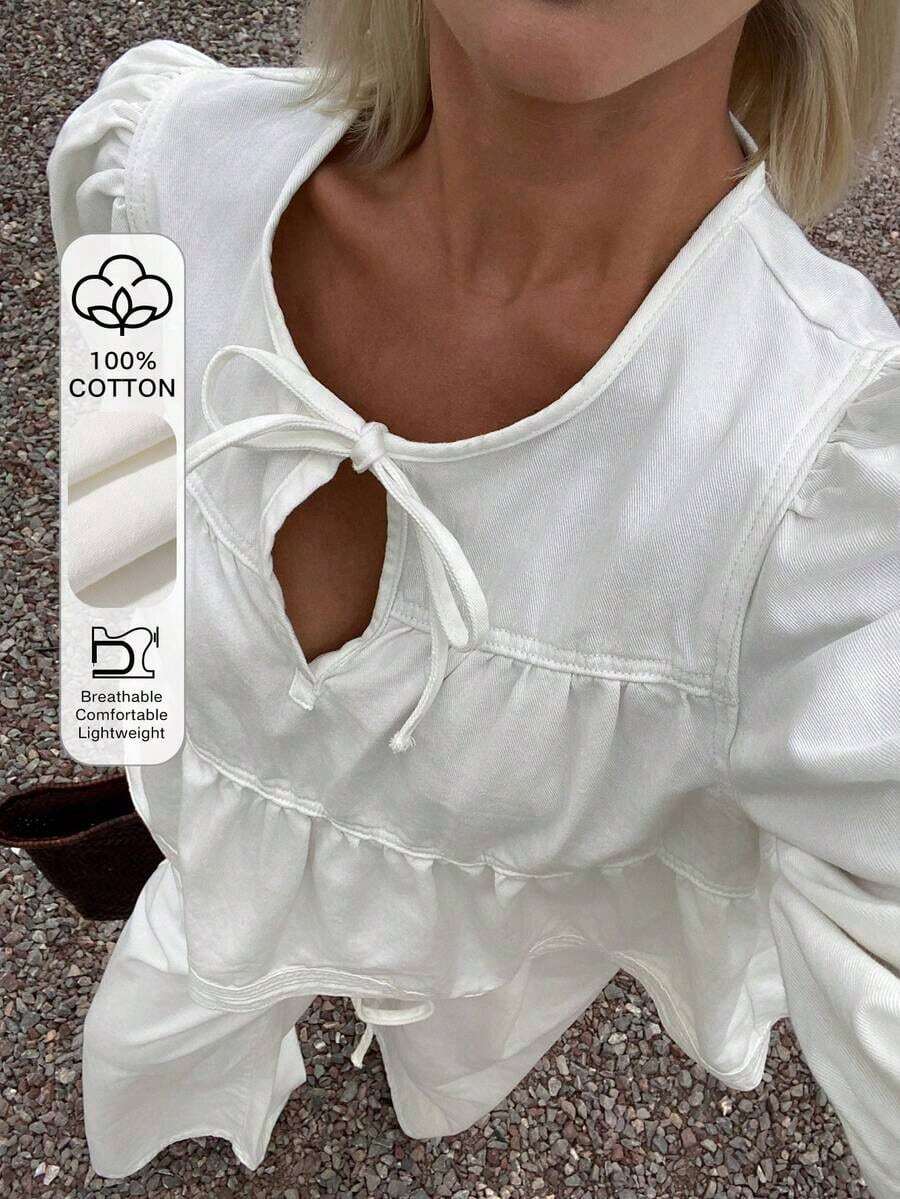 Blusa de mezclilla con cuello de corbata, mangas abullonadas y volante, y pantalón vaquero de pierna ancha - Blanco - Ver 1