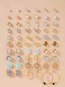 30 Pairs Assorted Fashionable Flower, Butterfly, Rhinestone, Heart, Letter Stud Earrings Set, Versatile For Daily Wear And Gifts - Multicolor - View 7