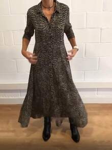 Vestido manga larga cuello V con estampado elegante para mujer - Negro - Ver 2