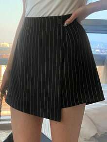 Falda pantalón de verano casual de unicolor con abertura lateral para mujer - Negro 2 - Ver 6