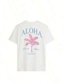 Women's "ALOHA Good Vibes" Palm Tree Print T-Shirt By KoreanGraphic2026, New Arrival. Cream-Colored Crew Neck, Short Sleeve, Oversized Style, Tropical Beach Print, Casual Top For Summer, Vacations, And Coastal Outfits. - 白色 - 查看 4