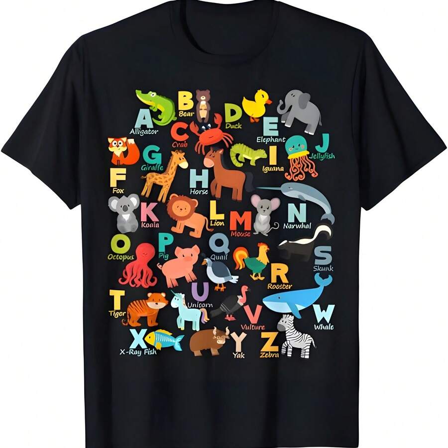 Camiseta de aprendizaje de alfabeto animal ABCs para, adultos - Negro - Ver 1