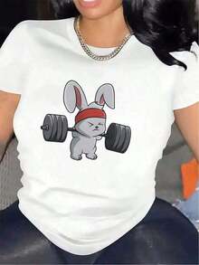 Fashion Printed T-Shirts For Women, Oversized Streetwear Tops, Comfortable And Stylish All-Match Summer Tees. Funny Gym T-Shirt For Women - Cute Weightlifting Rabbit, Lightweight And Breathable Polyester Graphic Tee For Exercise, Athletic Casual - Non-See-Through Fabric For Weightlifting, Yoga, Casual Wear - Gift For Fitness Lovers, Workout Clothes, Playful Design, Durable Construction, Exercise T-Shirt, Women's - 白色 - 查看 5