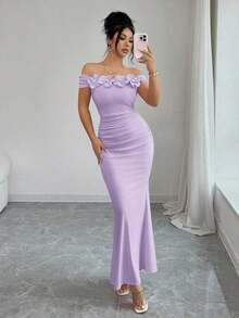 Elegante, encantador y sexy vestido de punto ajustado con hombros descubiertos, fruncido y con estampado floral para fiestas, vacaciones, primavera/verano - Morado - Ver 3