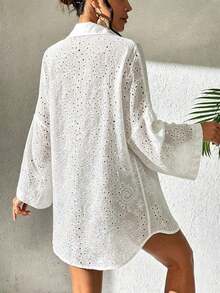 Swim Chiccia Vestido de vacaciones holgado con mangas de murciélago, abertura frontal, bordado y textura hueca para mujer - Blanco 2 - Ver 2