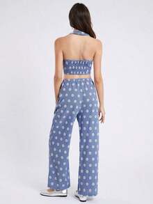 Conjunto de top de tirantes y pantalones casuales relajados con estampado de margaritas bordadas en cuadros azules y blancos para mujer en otoño/invierno - Azul y blanco - Ver 7