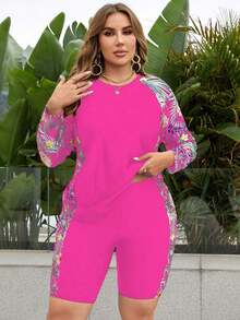 Swim Lushoire Conjunto de bikini sin mangas y con talla grande con estampado aleatorio - Rosa Fucsia - Ver 4