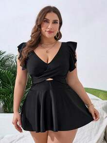 Swim Lushoire Vestido de playa casual con pliegues de unicolor para mujer de talla grande - Negro 2 - Ver 5