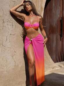 Swim  Conjunto de 3 piezas de traje de baño de mujer para vacaciones de verano, con falda de malla trenzada, estampado degradado y diseño informal - Rosa - Ver 7