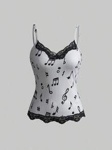 ROMWE Conjunto de 3 piezas con camiseta de tirantes con encaje y estampado de notas musicales y teclado de piano, estilo retro Y2K - Multicolor 2 - Ver 11