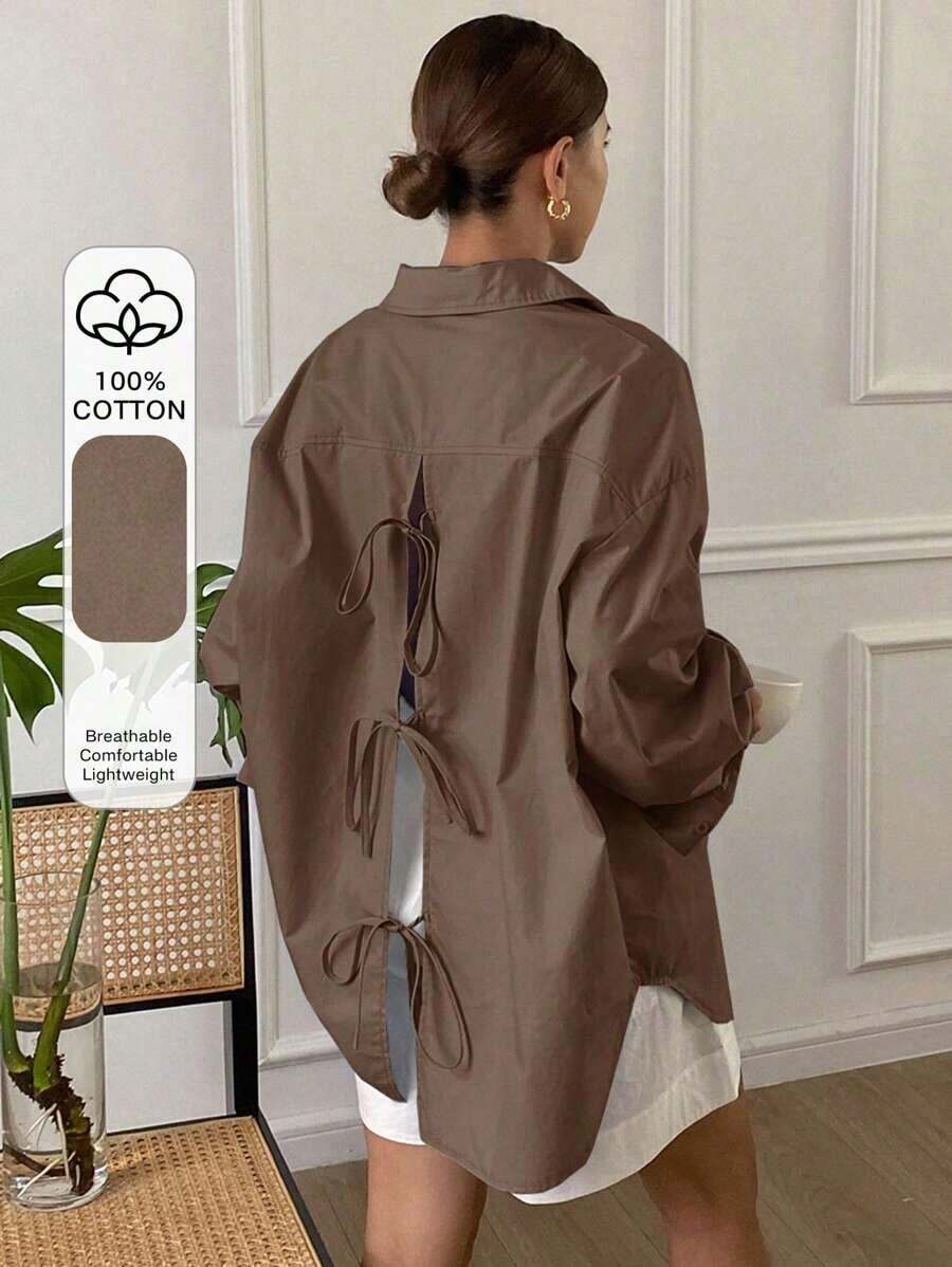 Blusa suelta de manga larga con cuello vuelto, abertura en la espalda y lazo, unicolor, ropa de otoño para mujer - Marrón 2 - Ver 1