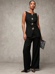 Traje de pantalón sin mangas negro para mujer con detalles de botones dorados con rosas, casual de negocios para otoño/invierno - Negro 2 - Ver 3