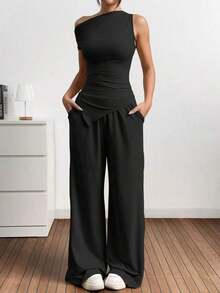 Set de 2 piezas de top sin mangas ajustado de unicolor con hombro asimétrico y pantalones largos, verano marrón - Negro - Ver 6