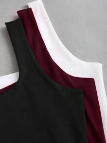 Camiseta sin mangas casual con cuello cuadrado y pliegues de unicolor para mujer - Multicolor - Ver 3