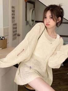 Suéter sexy de color albaricoque con diseño hueco y corte en el hombro, adecuado para salir, citas, estar en casa y para ir y venir, otoño/invierno primavera - Albaricoque - Ver 8