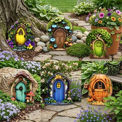1/6pcs 2D Flat Wooden Fairy Gate With Floral Vines, A Small Forest Door, Suitable For Trees, Fences, Potted Plants, Garden Decorations, And Exquisite Little Gifts.