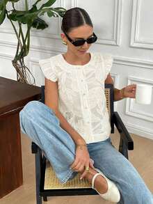 de moda con cuello redondo, abotonada, de manga corta y jacquard, para verano - Albaricoque - Ver 8