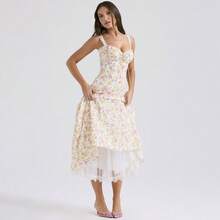 Vestido largo de mujer de moda otoño nuevo estilo dulce y picante vacaciones ajustado estampado digital tirantes encaje volantes vestido elegante - Blanco - Ver 3