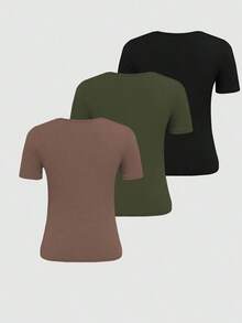 Set de 3 camisetas de mujer de manga corta y cuello redondo de punto acanalado de unicolor, de verano - Multicolor 2 - Ver 2