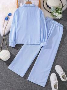 Set casual de 2 piezas: Camisa suelta de frente abierto + Pantalones rectos de cintura elástica - Azul - Ver 2