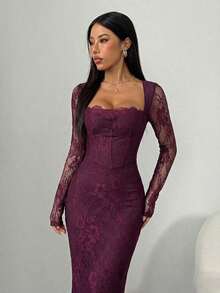 PETITE Vestido maxi negro ajustado de cuello cuadrado con copa de pecho, mangas largas de encaje con forma de S y escote sexy para fiesta de verano, cita y noche - Morado - Ver 7