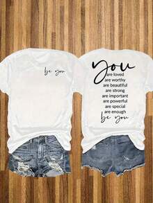 Camiseta con Estampado de Letras, Cuello Redondo, Manga Corta, Estilo Casual, Primavera y Verano, Moda Casual, Camiseta para Mujer - Blanco - Ver 5