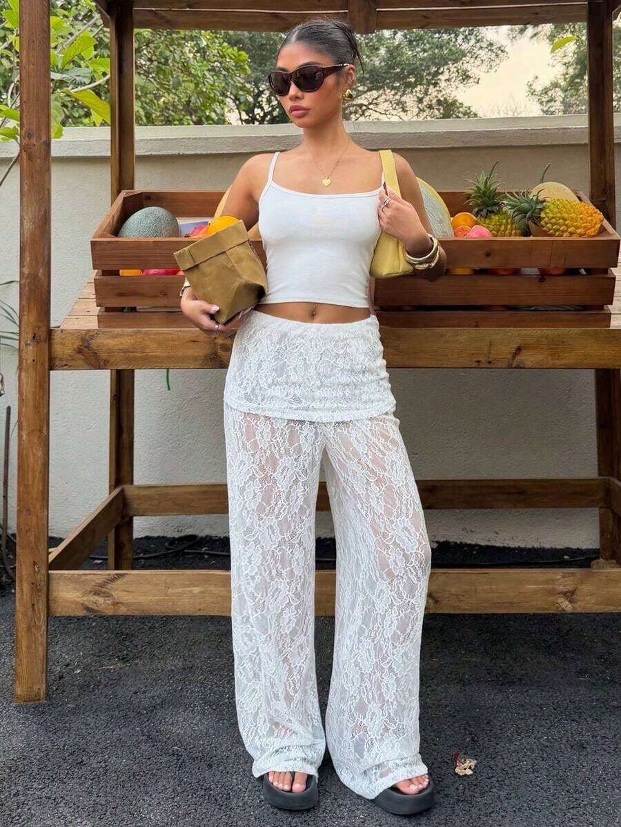 Pantalones de pierna ancha de encaje blanco para mujer - Blanco - Ver 1