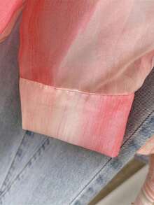 Camisa de protección solar con efecto tie-dye dulce para mujer, de cuello de solapa y manga larga, informal para exteriores/vacaciones, holgada, transpirable y ligera, estilo camisa, color rosa, para primavera/verano - Rosa - Ver 9