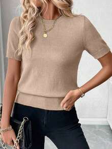Blusa de punto de manga corta de unicolor y estilo minimalista, para uso diario - Caqui - Ver 3