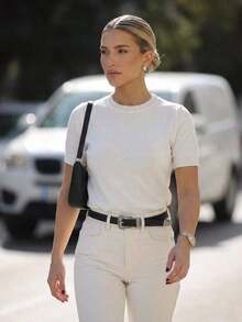 Blusa de punto de manga corta de unicolor y estilo minimalista, para uso diario - Blanco - Ver 7